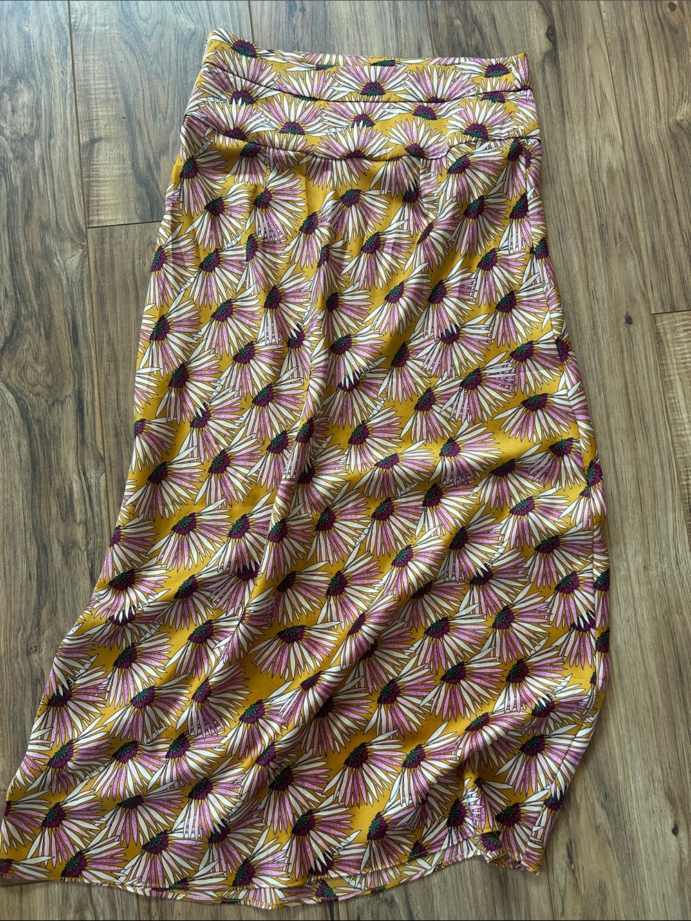 Free People Mustard Floral Fan-Print Midi Skirt with Pink & White Accents